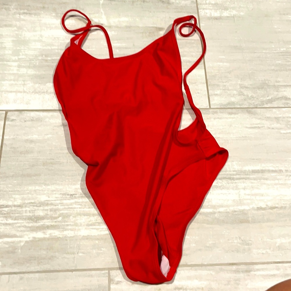 Large backless one piece red cheeky bathing suit